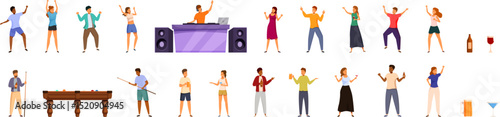 Student nightlife icons set. People dancing and listening to music played by dj, drinking and playing billiard at party