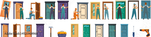 Door installation icons set. Carpenters working on various door installations and repairs, showcasing different door types, colors, and tools