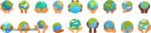 Hands holding earth globe icons set. Diverse hands cradling earth globe, symbolizing global unity in environmental protection and conservation efforts