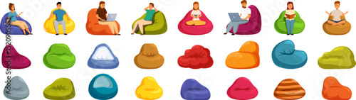 Bean chair icons set. People using bean bag chairs for leisure and work, showcasing diverse colors, shapes, and comfortable postures