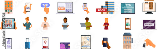 Online hotel booking icons set. People using smartphones, tablets, laptops, and computers to book hotel rooms online, highlighting the convenience of modern travel planning