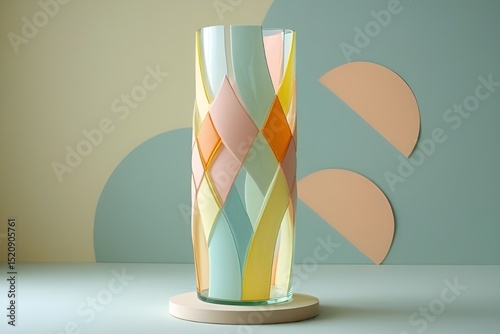 Pastel Glass Vase on Wooden Base – Minimalist Modern Decorative Art with Abstract Color Panels