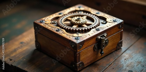 Intricate wooden puzzle box with interwoven gears and latches, a captivating challenge for logic and dexterity Solve the mystery to unlock its secrets , handcrafted, gears