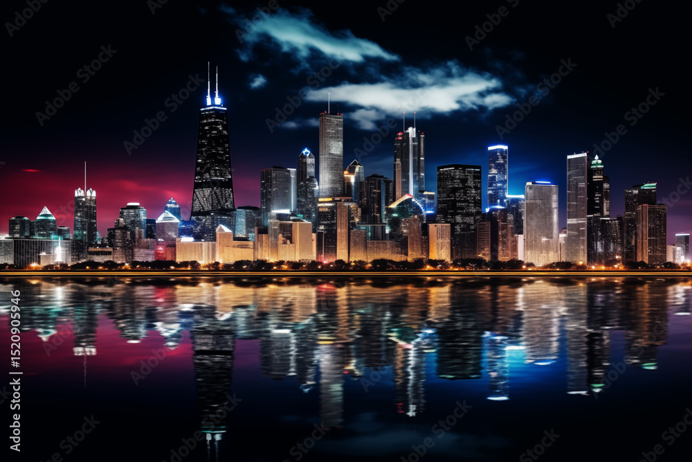 Fototapeta premium Chicago Skyline at Night, Light Show Buildings Reflected on the River