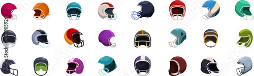 Rugby helmet icons set. Various colorful helmets safeguard american football players, ensuring safety during competitive matches, representing team spirit and athleticism