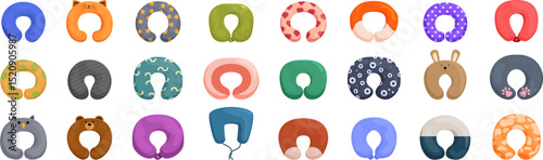 Neck pillow icons set. Comfortable travel pillows ensuring a relaxing journey, featuring various colors and patterns