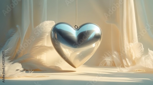 Silver heart on a cream background with soft shadows and warm glow. Elegant minimalist composition with a vintage feel. Romance and visual depth.