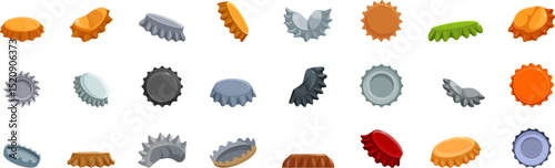 Beer bottle cap icons set. Collection of bottle caps in various colors and angles, showcasing their versatility and design
