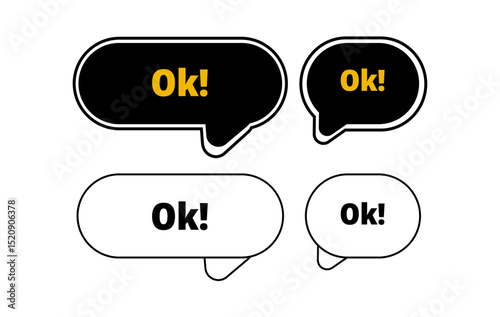 Minimalist speech bubbles with “Ok!” in bold text. Perfect for UI design, chat stickers, and digital communication symbols with a clear, affirmative tone.