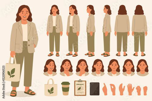 Young casual business woman character constructor for animation. Front, side and back view set. Body parts, postures, poses collection. Vector illustration
