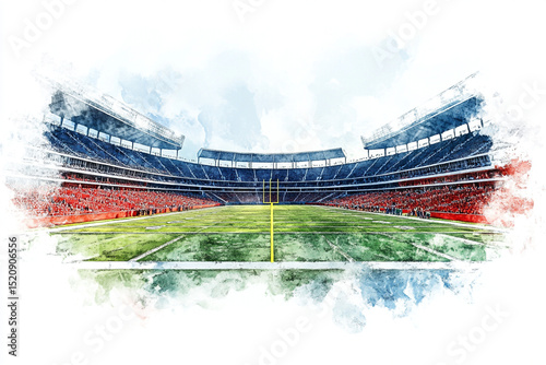 Watercolor Painting of American Football Stadium Featuring a Green Field and Filled Stands