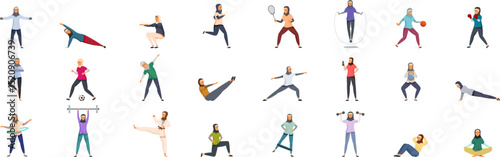 Hijab girl training icons set. Set of diverse poses of girls training, playing sports, exercising, and enjoying physical activity