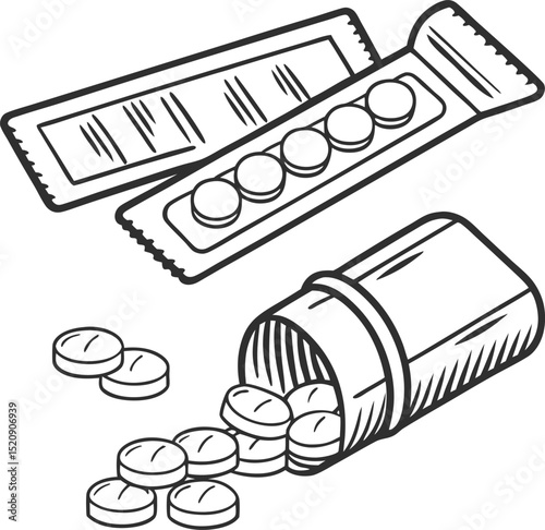 Medical news concept: vector illustration of a medicine bottle and pills on an office desk with business documents and a computer