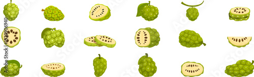 Noni fruit icons set. Set of noni fruits illustrating whole, halved, and sliced representations of this exotic ingredient