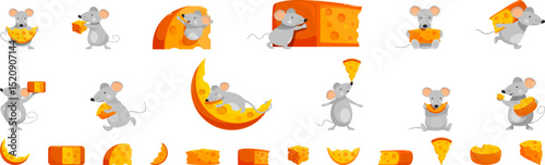 Mouse cheese icons set. Cartoon mice enjoying cheese slices and wedges, portraying various poses and actions, perfect for children s books, animations, and food related projects
