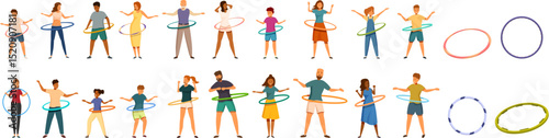 Hula hoop icons set. People of different ages, genders and ethnicities are rotating hula hoops around their waists, exercising and having fun
