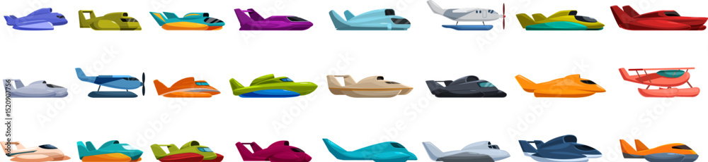 Fototapeta premium Hydroplane icons set. Various stylized seaplanes displayed in a vibrant array of colors