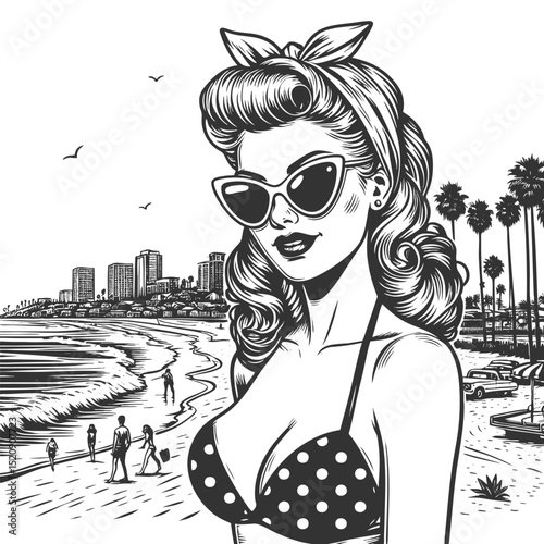 sunglasses standing by a scenic beachside promenade, evoking classic California summer vibes sketch engraving generative ai vector illustration. Scratch board imitation. Black and white image.
