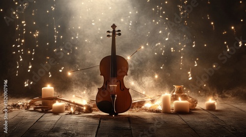 Abstract harmony of music notes with a violin in a dimly lit room creating a band atmosphere