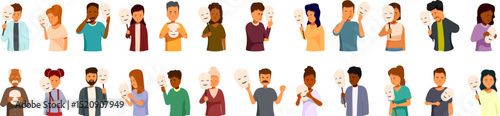 People hiding emotions icons set. Diverse group of people holding masks depicting happiness and sadness, representing hidden emotions, mental health, and social interactions