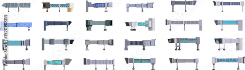 Jet bridge icons set. Airport jetway bridge connecting passengers to airplane in modern airport terminal