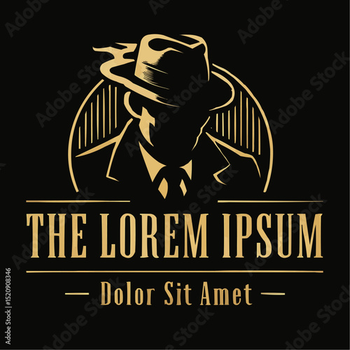 Man in a hat smokes a cigar cut out silhouette - vintage style emblem 


