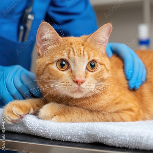 A ginger tom cat calmly resting on a towel-covered vet table, being examined by a veterinarian.