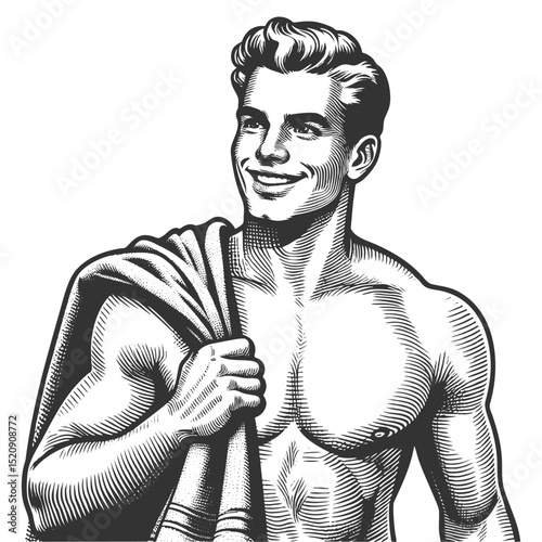 muscular man with a towel over his shoulder, exuding retro beach or athletic vibes sketch engraving generative ai fictional character vector illustration. Scratch board imitation. Black and white.