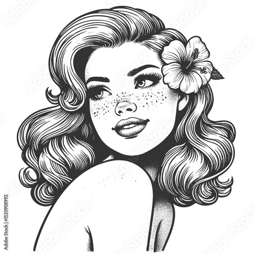 beautiful freckled woman with wavy hair and a hibiscus flower sketch engraving generative ai fictional character vector illustration. Scratch board imitation. Black and white image.