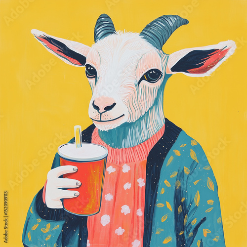 young goat with milk illustration
