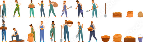 Collecting potatoes icons set. Farmers working in the field, harvesting potatoes, using shovels, carrying sacks and crates, and storing the harvest