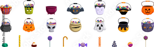 Halloween bucket sweets icons set. Halloween candy buckets, bags, lollipops and sweets representing trick or treat tradition