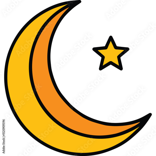 Colorful Crescent Moon and Star Vector Icon Isolated on White. Islamic Symbol for Ramadan, Eid Mubarak, and Religious Celebrations. Perfect for Logos, Web Graphics, and Print Media.