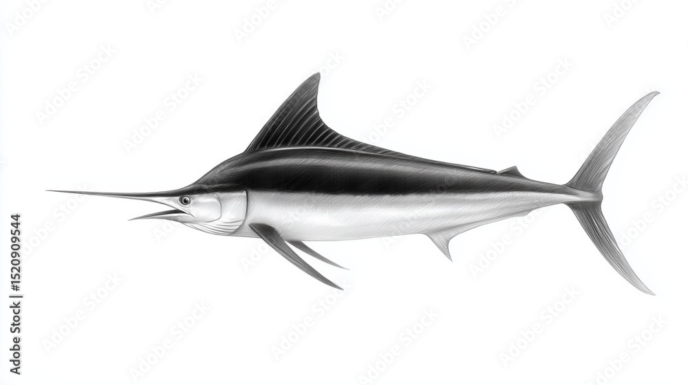 Obraz premium Drawn black and white, monotone pencil image of a Marlin isolated on white background 