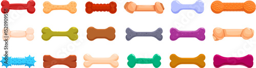 Dog bone toy icons set. Various dog bones providing chewing fun and dental health for canine companions