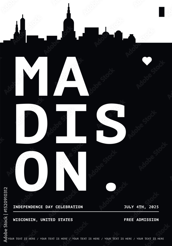 Fototapeta premium USA Madison typography minimalist vector poster for event, national festival, independence day, holiday layout. Brochure, leaflet, flyer, presentation image template for America, Wisconsin