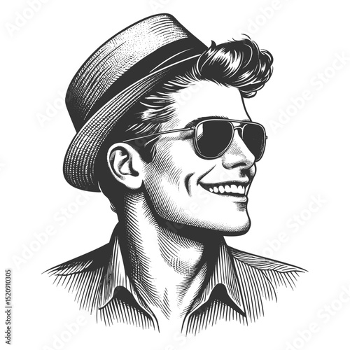 man wearing sunglasses and a straw hat, symbolizing vacation, summer, and carefree joy sketch engraving generative ai fictional character vector illustration. Scratch board. Black and white image.