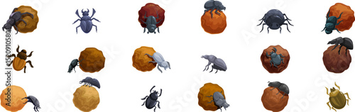 Dung beetle icons set. Set of dung beetles interacting with dung balls in different ways, showcasing their natural behavior