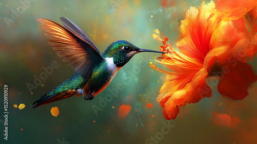 A hummingbird feeding from a hibiscus flower.
