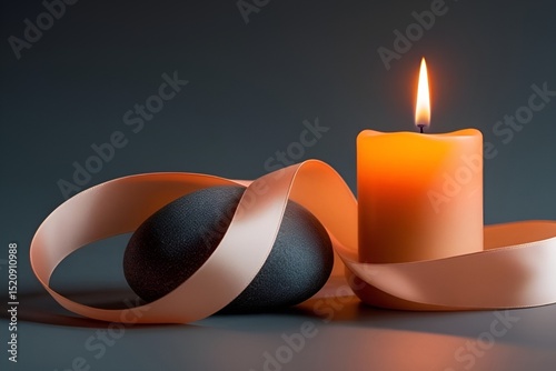 Burning Orange Candle with Glowing Peach Ribbon on Dark Gray Stone – Minimalist Still Life Serenity