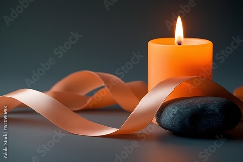 Burning Orange Candle with Glowing Peach Ribbon on Dark Gray Stone – Minimalist Still Life Serenity