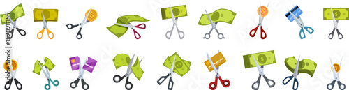 Scissors cutting money icons set. Various scissors are cutting money, banknotes, and credit cards, symbolizing cost reduction, budget cuts, and financial savings