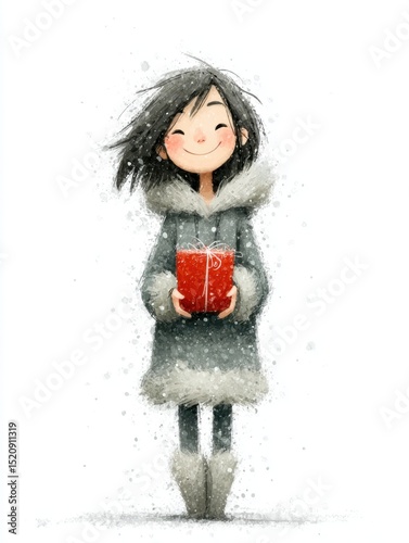 Smiling Inuit girl joyfully celebrating Christmas in a winter wonderland holding a bright red gift