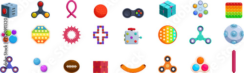 Fidget icons set. Various colorful and engaging fidget toys designed to provide stress relief and improve concentration