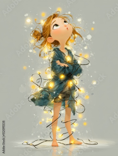 Magical little girl in a cozy winter setting surrounded by glowing Christmas lights and festive wonder