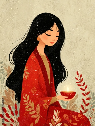 Indian girl enjoying a serene winter evening with a candle during Christmas and New Year celebrations