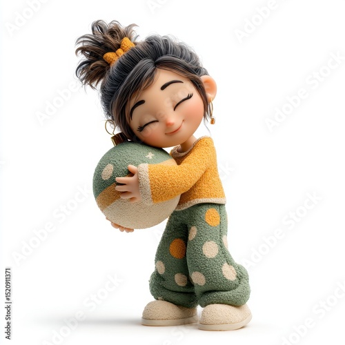 Joyful girl embraces Christmas ornament with happiness during winter festivities
