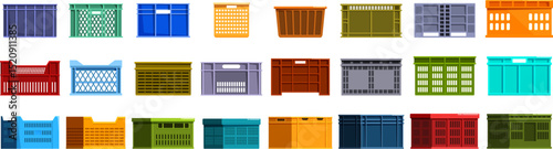 Plastic crate box icons set. Set of various colorful plastic crates, ideal for storing and transporting diverse goods, showcasing front, back, and side views