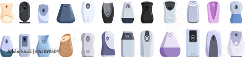 Automatic air freshener icons set. Collection of air fresheners in diverse shapes and colors, offering a range of fragrance solutions for any environment