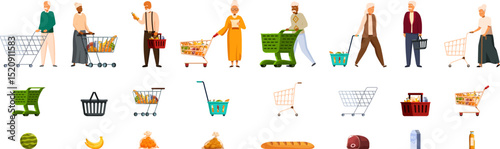 Elderly people cart supermarket icons set. Diverse elderly people pushing shopping carts and carrying baskets full of groceries